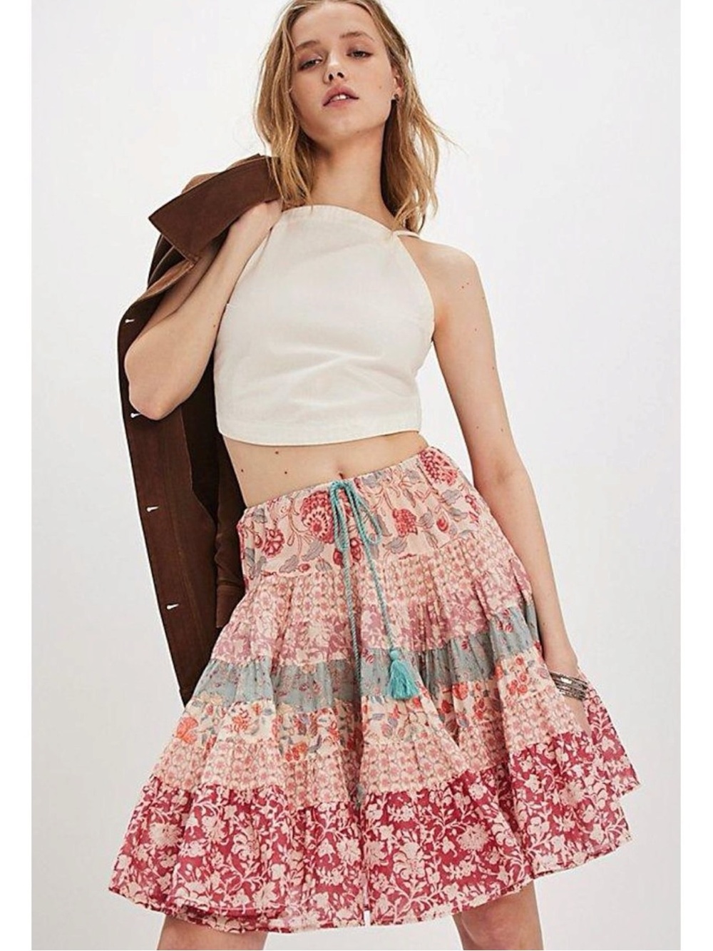 Free People Bohemian 70s Many Layers Printed Twirl Skirt Patchwork Floral Medium
